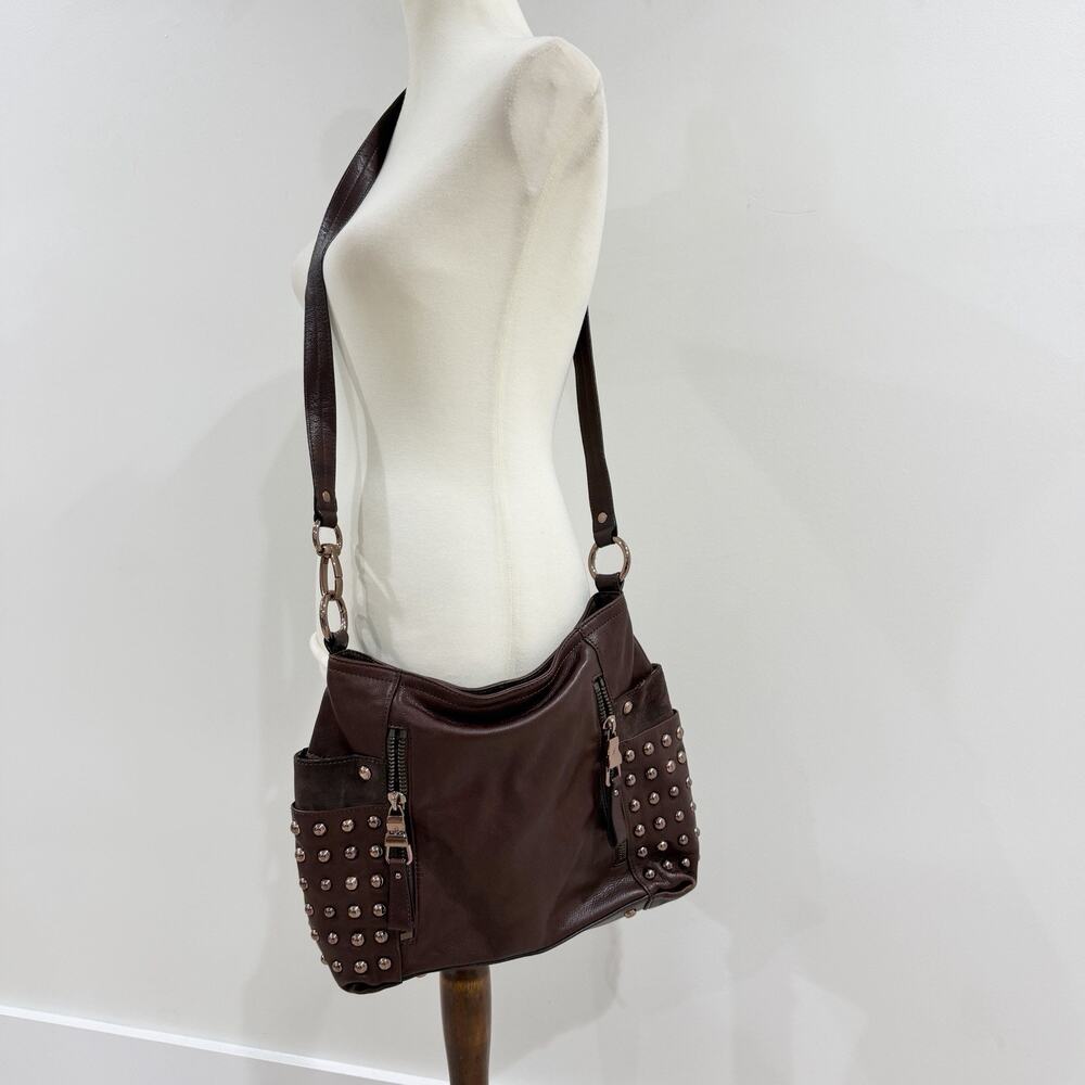 B. Makowsky brown leather studded hobo shoulder bag
